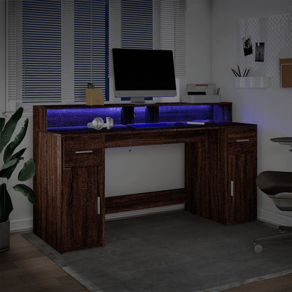 Brown Oak Desk with LED Lights, 160x55x91 cm - Engineered Wood
