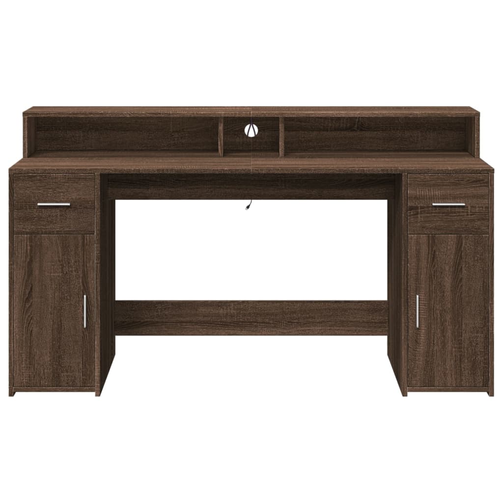 Brown Oak Desk with LED Lights, 160x55x91 cm - Engineered Wood