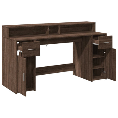 Brown Oak Desk with LED Lights, 160x55x91 cm - Engineered Wood
