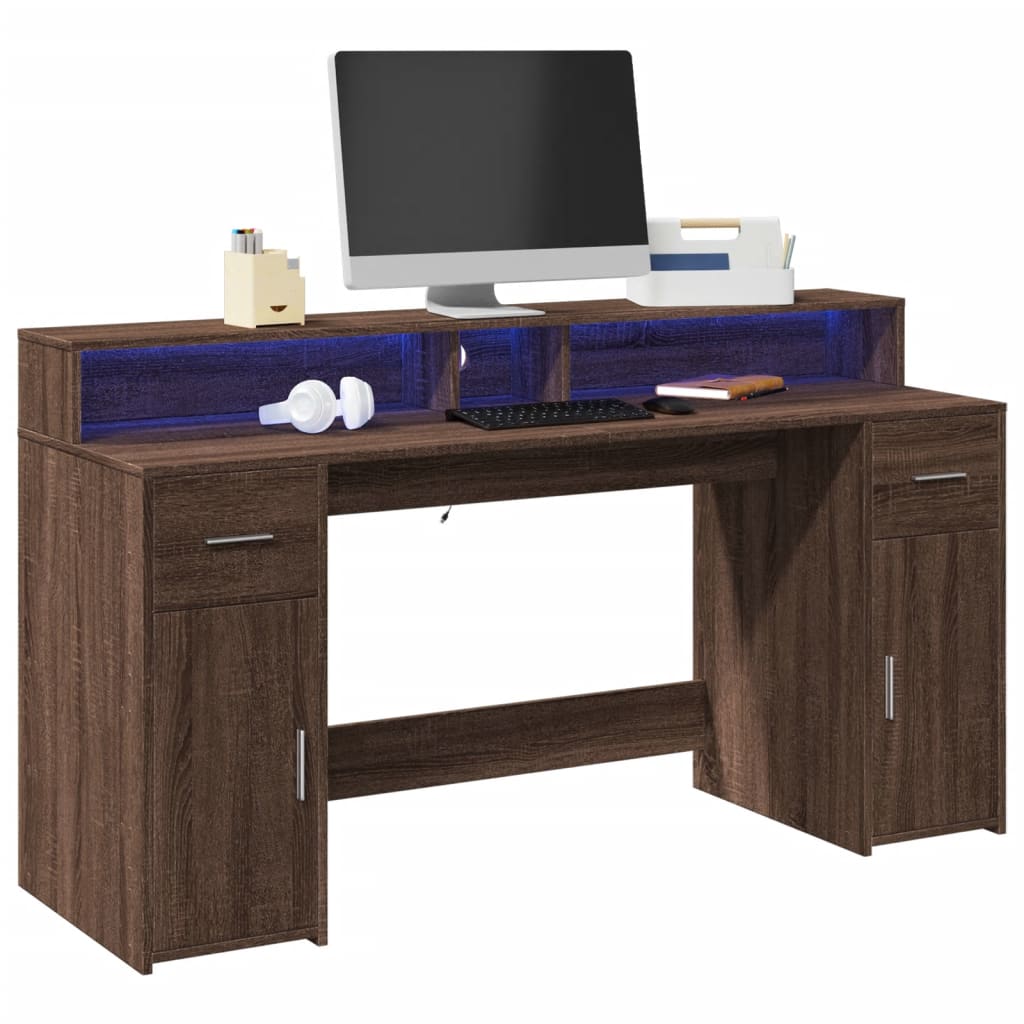 Brown Oak Desk with LED Lights, 160x55x91 cm - Engineered Wood