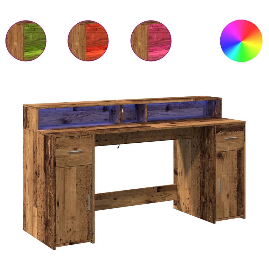 Rustic LED Desk, Old Wood Finish, 160x55x91 cm, Engineered Wood