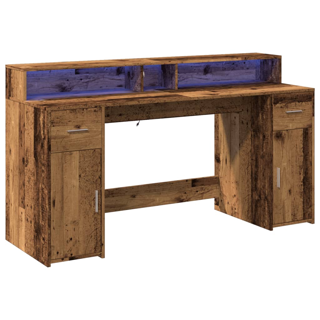 Rustic LED Desk, Old Wood Finish, 160x55x91 cm, Engineered Wood
