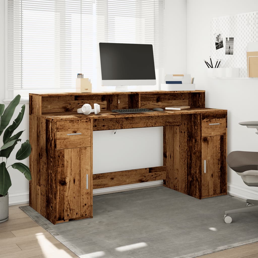 Rustic LED Desk, Old Wood Finish, 160x55x91 cm, Engineered Wood