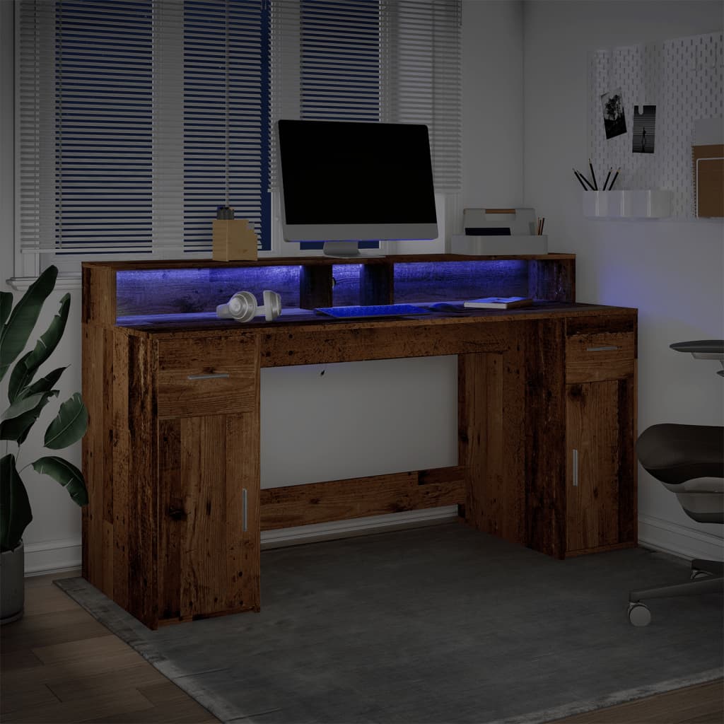 Rustic LED Desk, Old Wood Finish, 160x55x91 cm, Engineered Wood