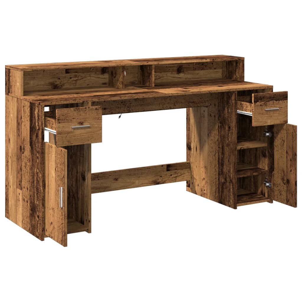 Rustic LED Desk, Old Wood Finish, 160x55x91 cm, Engineered Wood