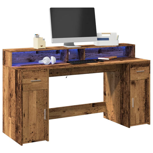 Rustic LED Desk, Old Wood Finish, 160x55x91 cm, Engineered Wood