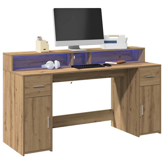 Artisan Oak Desk 160x55x91 cm with LED Lights - Engineered Wood