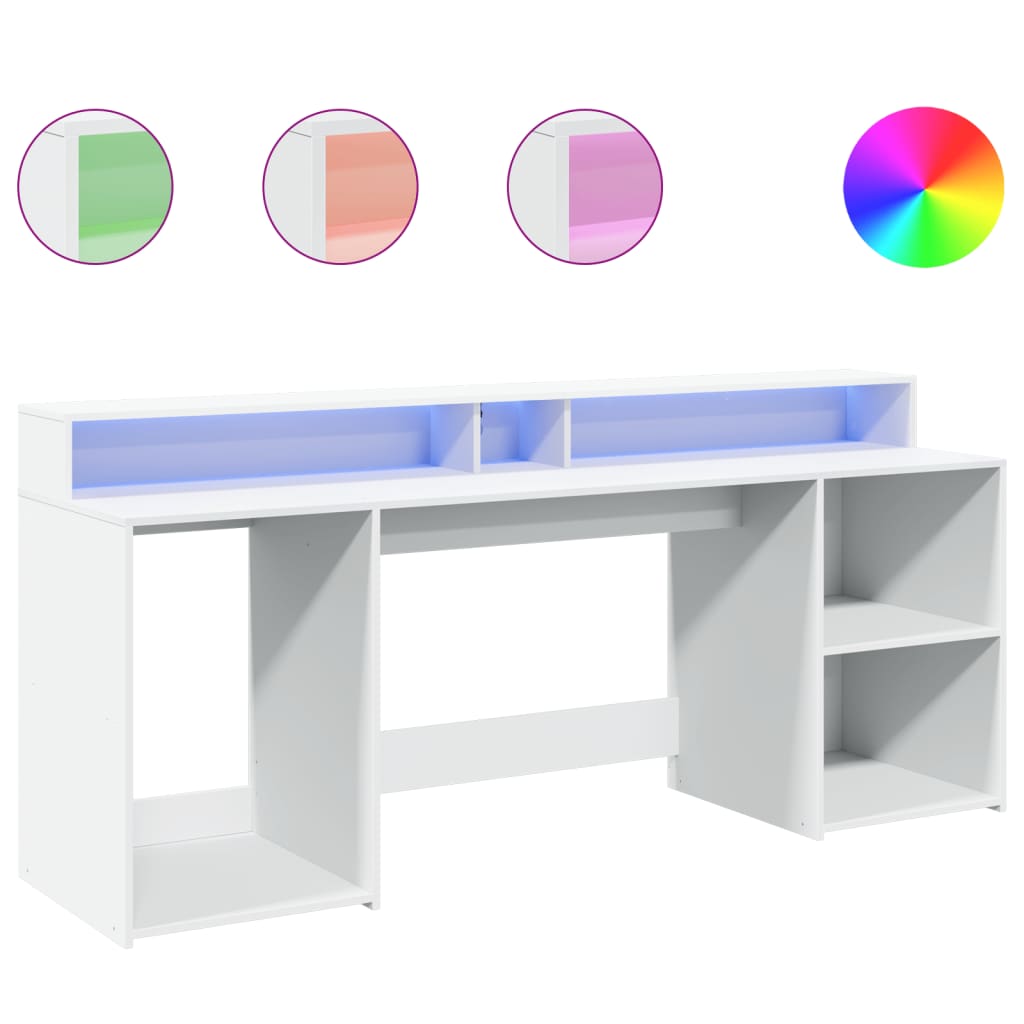 White Engineered Wood Desk with LED Lights - 200x55x91 cm