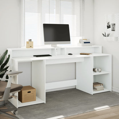 White Engineered Wood Desk with LED Lights - 200x55x91 cm