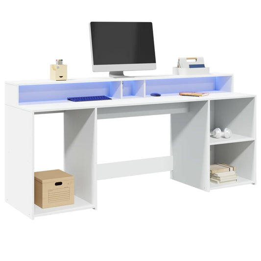 White Engineered Wood Desk with LED Lights - 200x55x91 cm