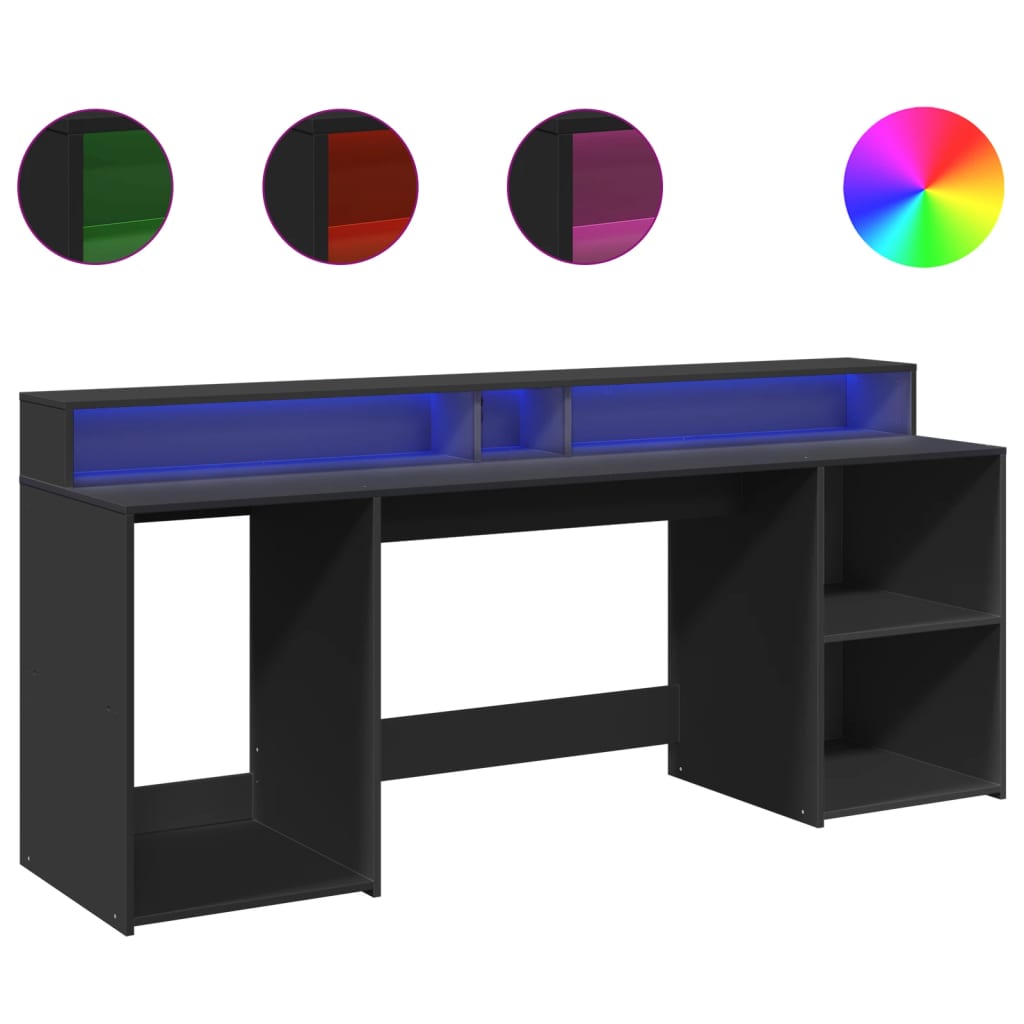 Black Engineered Wood Desk with LED Lights, 200x55x91 cm