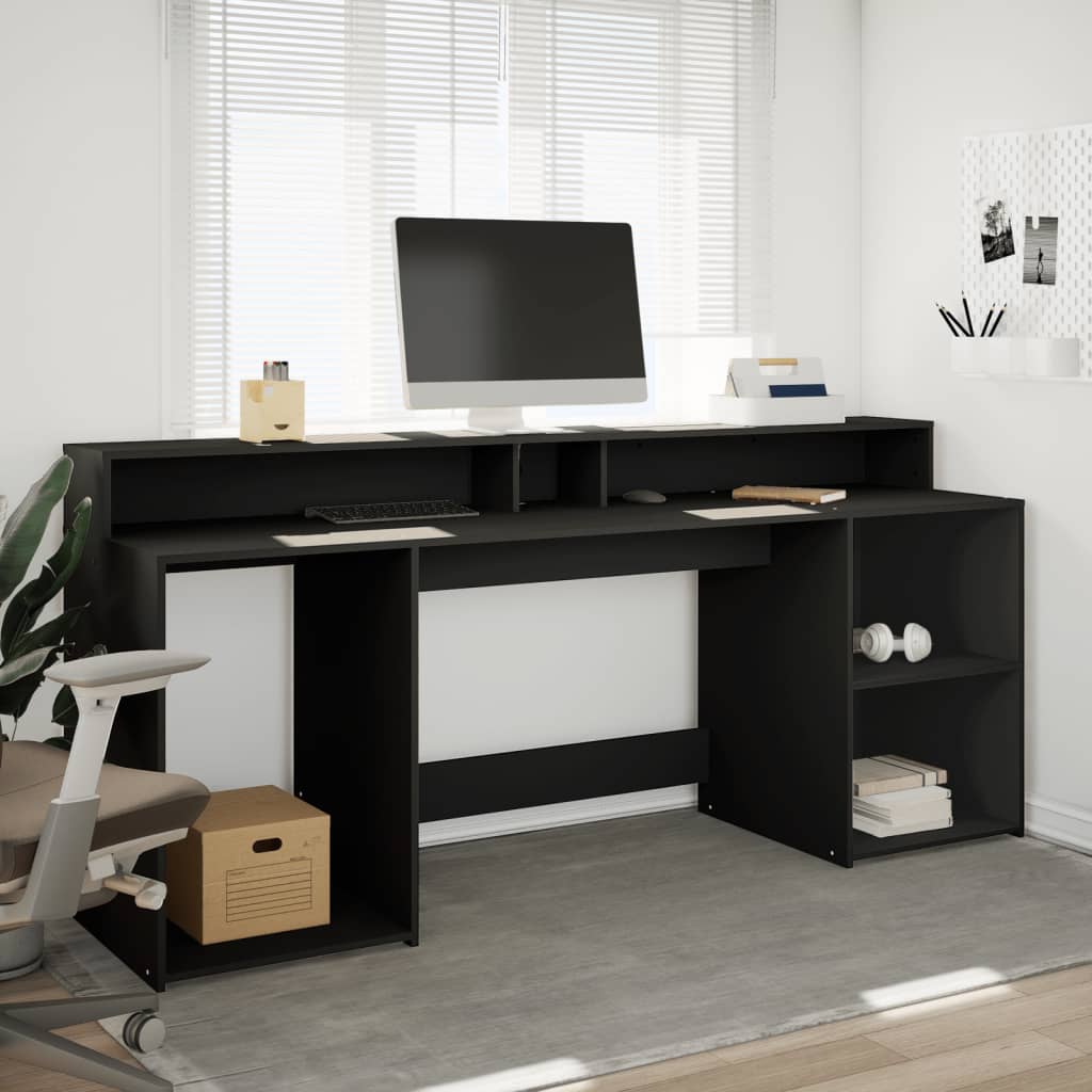 Black Engineered Wood Desk with LED Lights, 200x55x91 cm