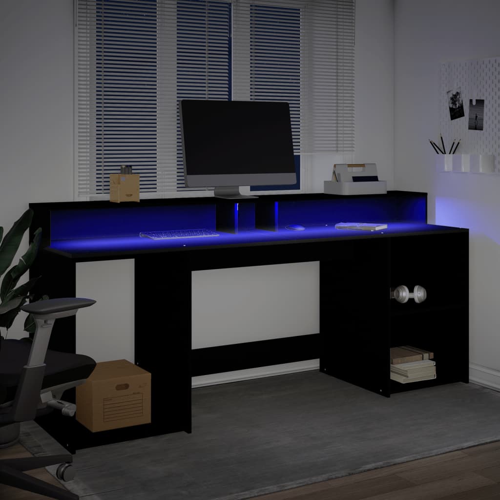 Black Engineered Wood Desk with LED Lights, 200x55x91 cm