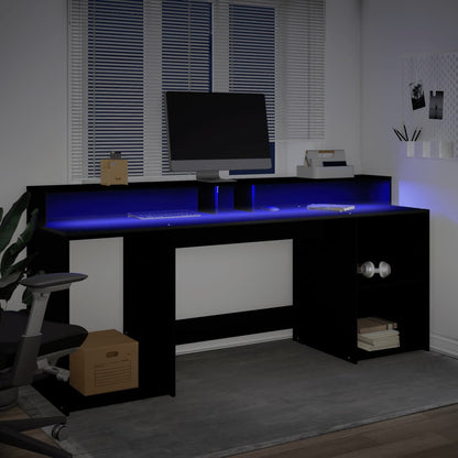 Black Engineered Wood Desk with LED Lights, 200x55x91 cm
