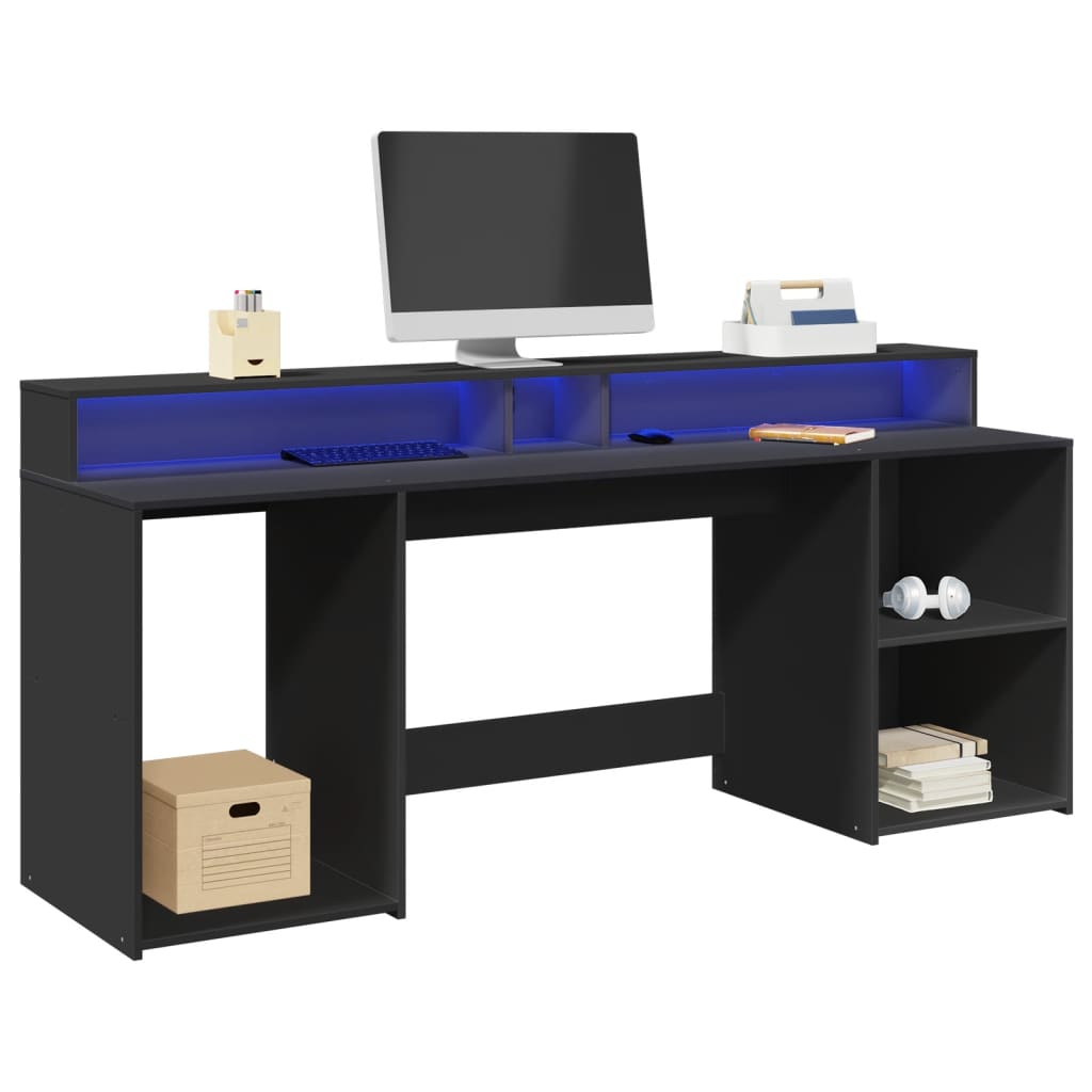 Black Engineered Wood Desk with LED Lights, 200x55x91 cm