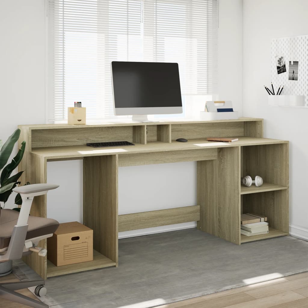 Sonoma Oak Desk 200cm with LED Lights - Engineered Wood