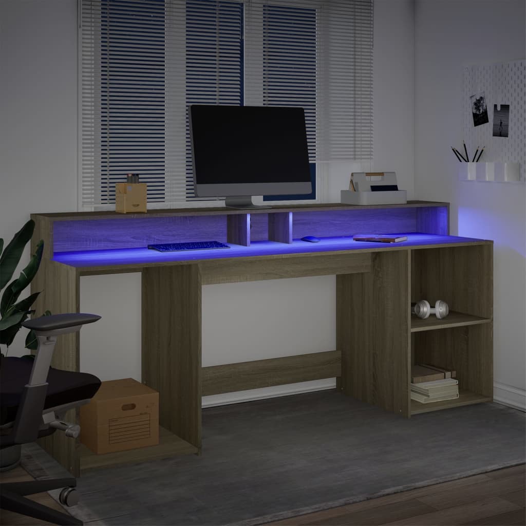 Sonoma Oak Desk 200cm with LED Lights - Engineered Wood