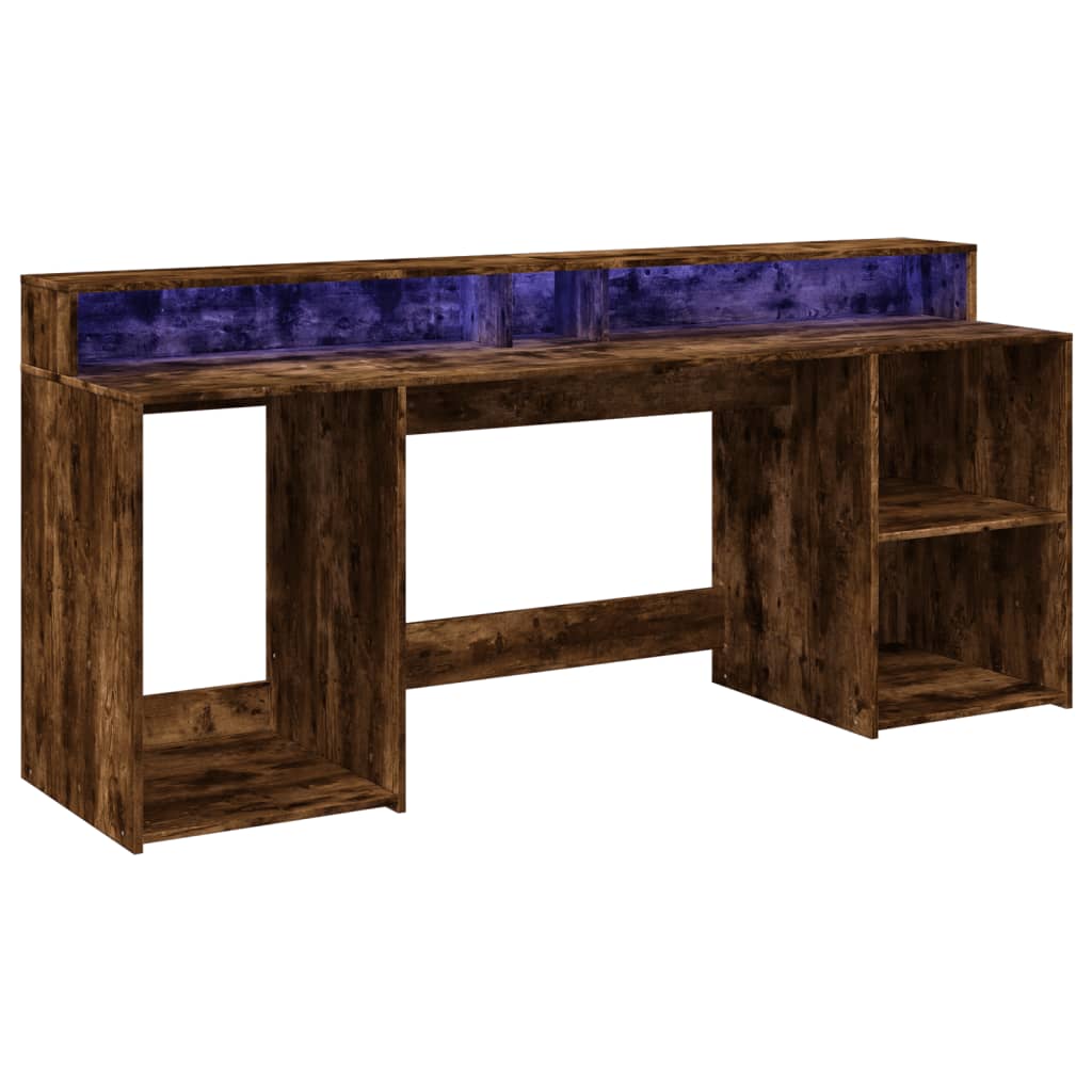 Smoked Oak Engineered Wood Desk with LED Lights, 200x55x91 cm