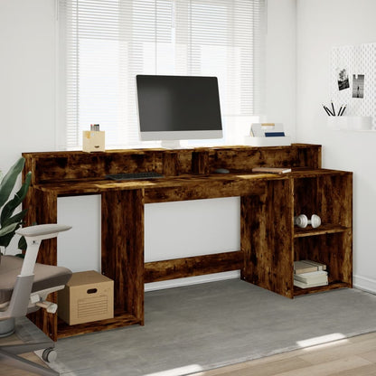Smoked Oak Engineered Wood Desk with LED Lights, 200x55x91 cm