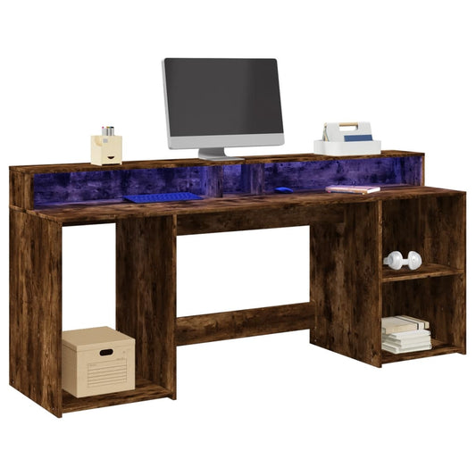 Smoked Oak Engineered Wood Desk with LED Lights, 200x55x91 cm