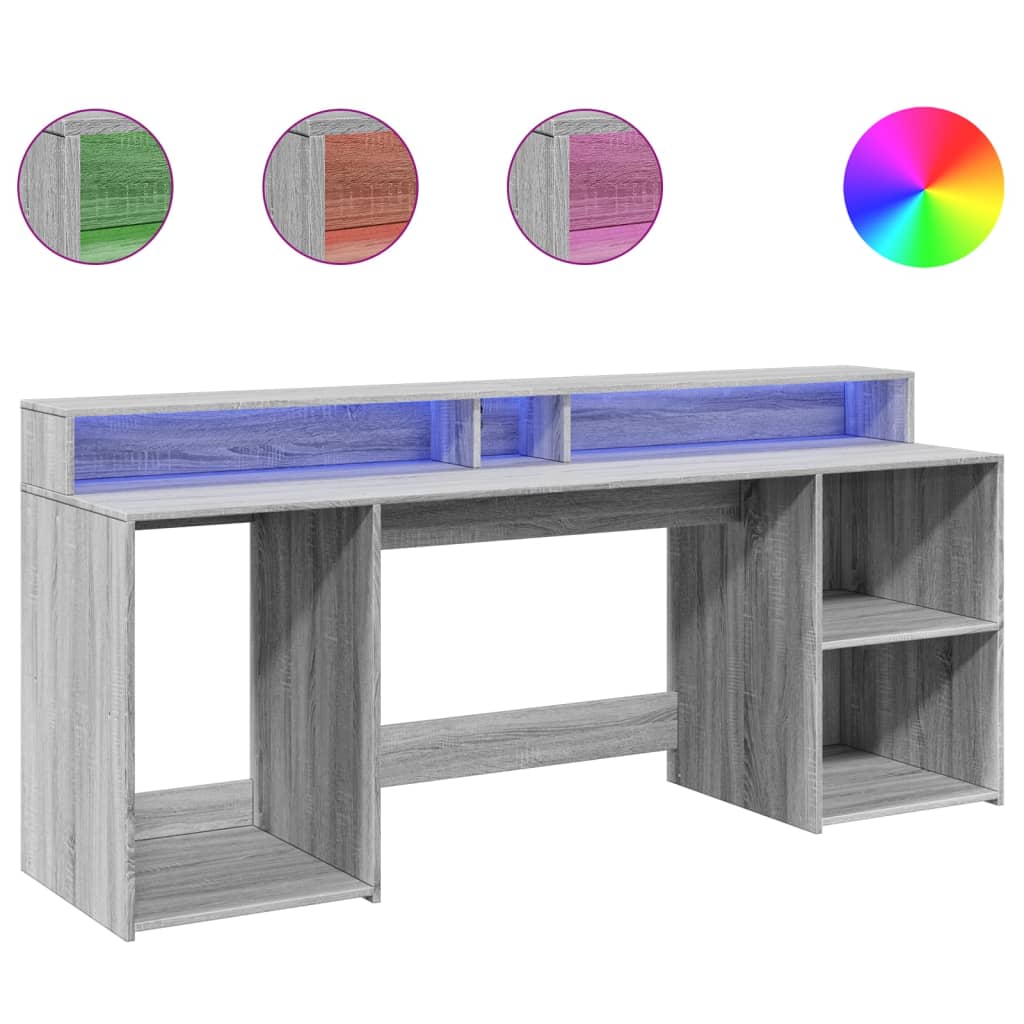 Grey Sonoma Engineered Wood Desk with LED Lights, 200x55x91 cm