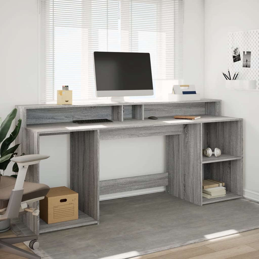 Grey Sonoma Engineered Wood Desk with LED Lights, 200x55x91 cm