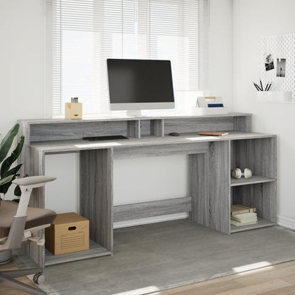Grey Sonoma Engineered Wood Desk with LED Lights, 200x55x91 cm