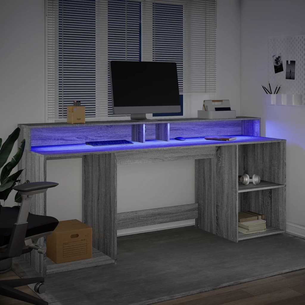 Grey Sonoma Engineered Wood Desk with LED Lights, 200x55x91 cm