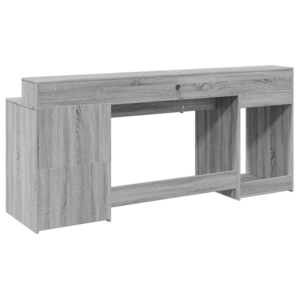 Grey Sonoma Engineered Wood Desk with LED Lights, 200x55x91 cm