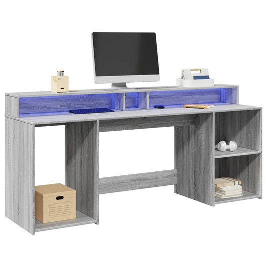 Grey Sonoma Engineered Wood Desk with LED Lights, 200x55x91 cm