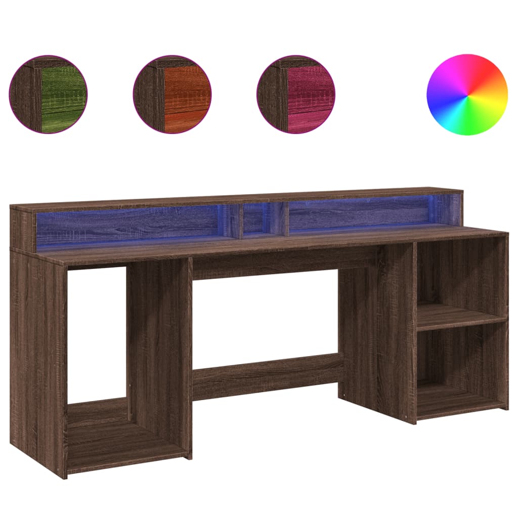 Brown Oak Desk with LED Lights, Engineered Wood, 200x55x91 cm