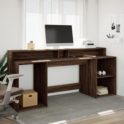 Brown Oak Desk with LED Lights, Engineered Wood, 200x55x91 cm