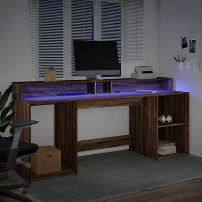 Brown Oak Desk with LED Lights, Engineered Wood, 200x55x91 cm