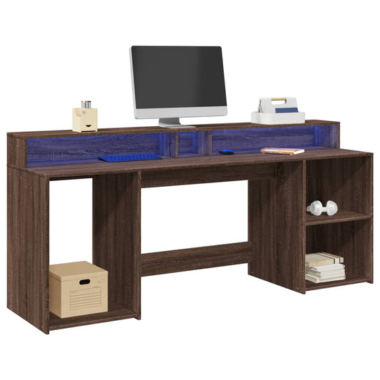 Brown Oak Desk with LED Lights, Engineered Wood, 200x55x91 cm