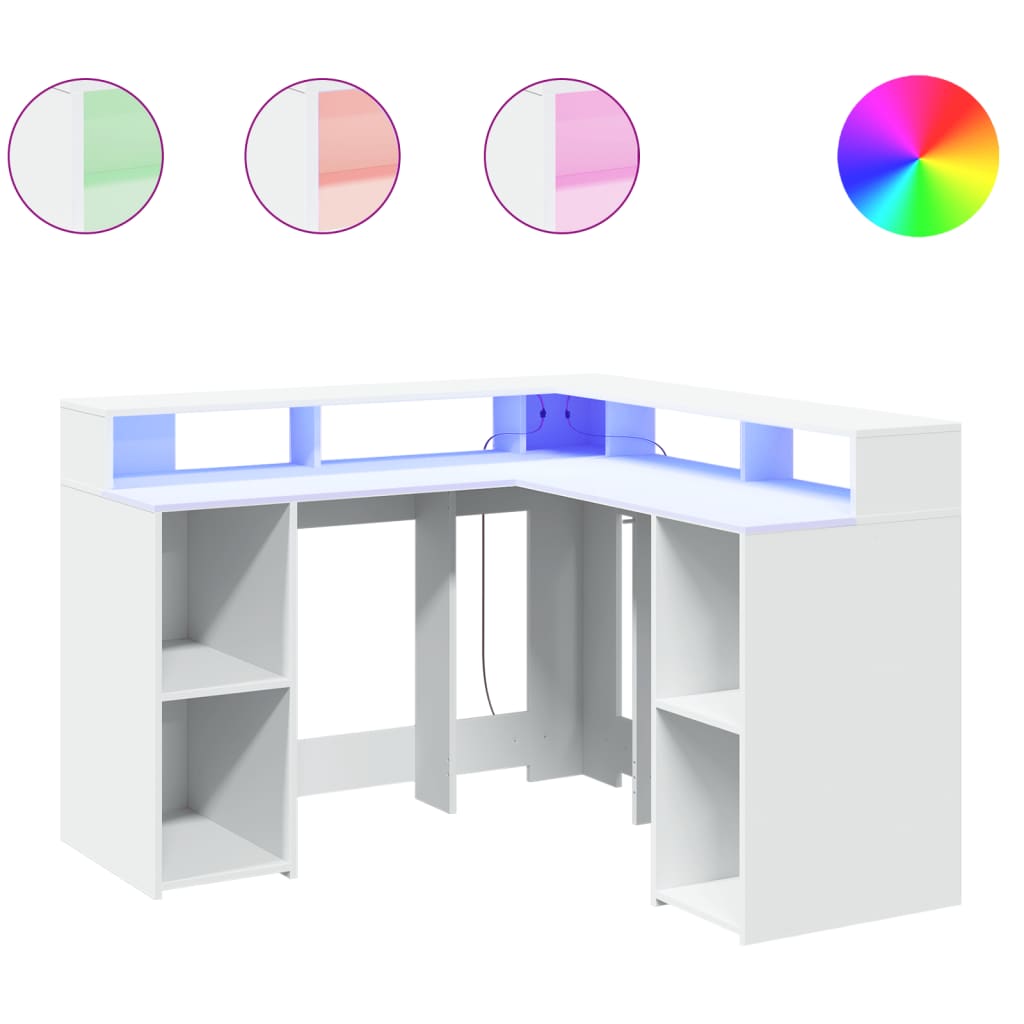 White Engineered Wood Desk with LED Lights, 130x130x91 cm