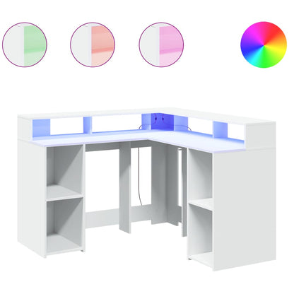 White Engineered Wood Desk with LED Lights, 130x130x91 cm