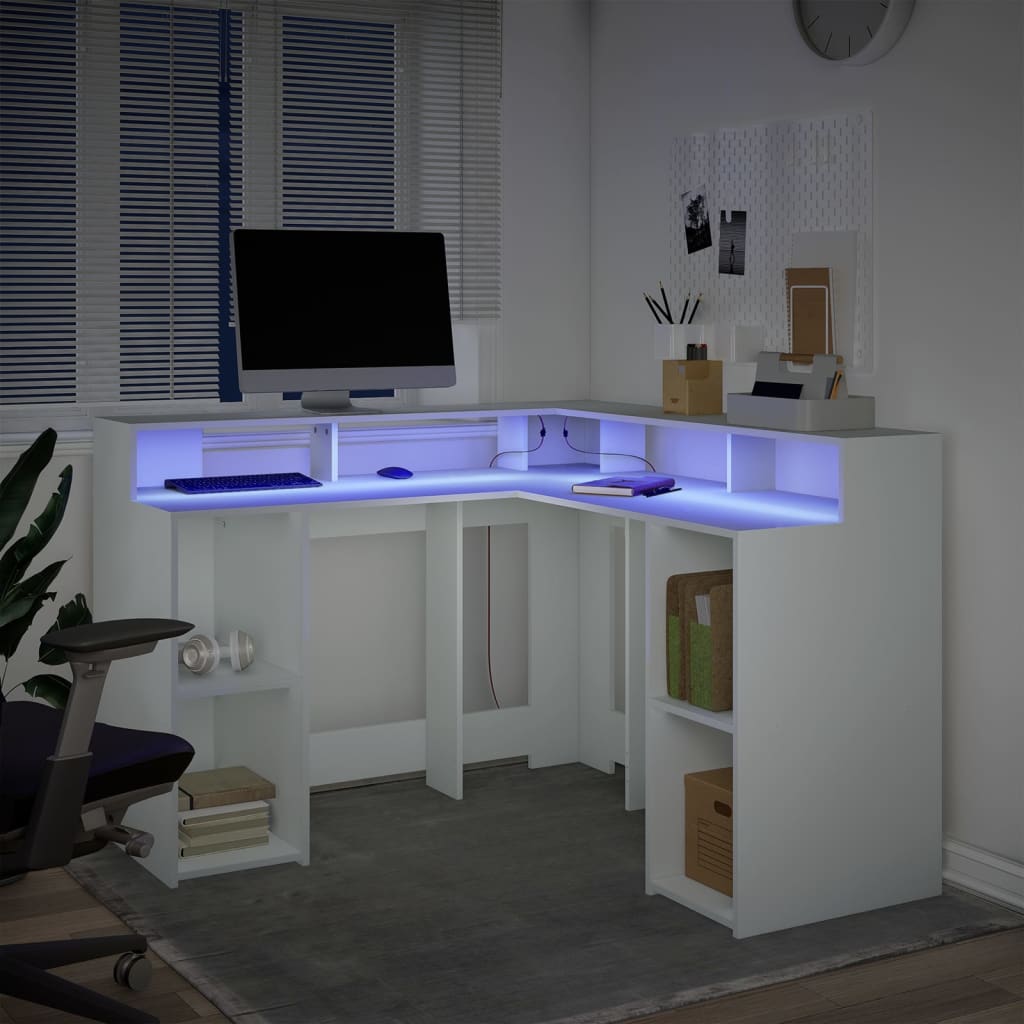 White Engineered Wood Desk with LED Lights, 130x130x91 cm