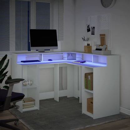 White Engineered Wood Desk with LED Lights, 130x130x91 cm