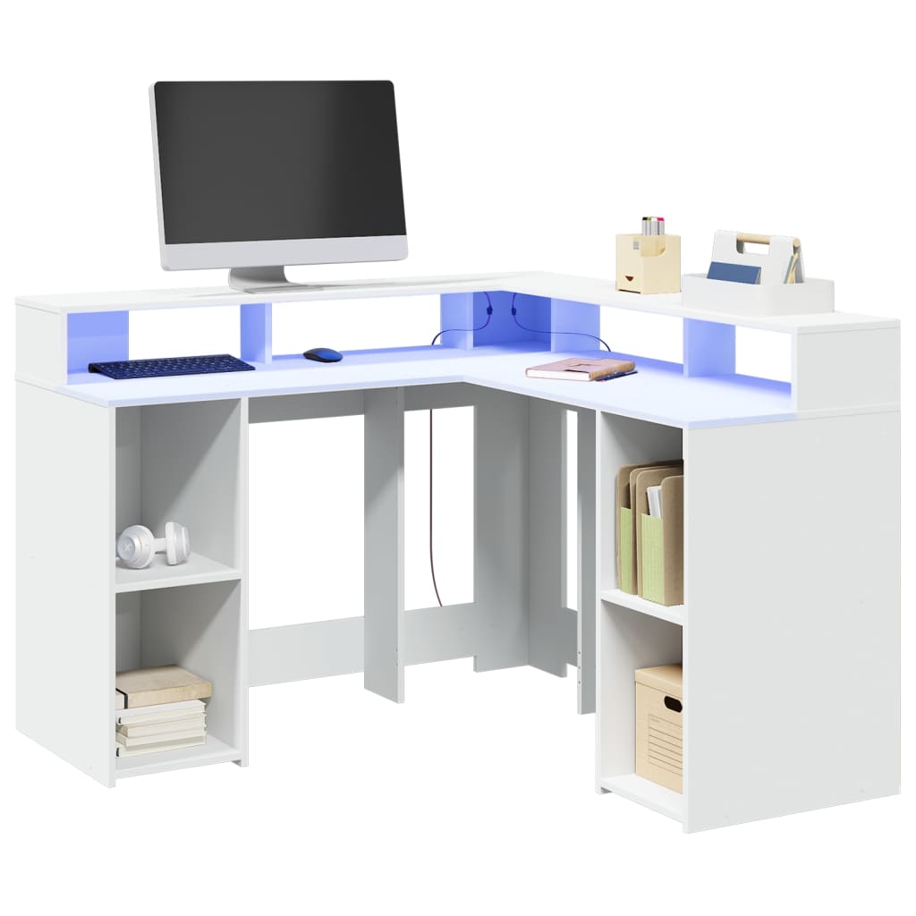 White Engineered Wood Desk with LED Lights, 130x130x91 cm