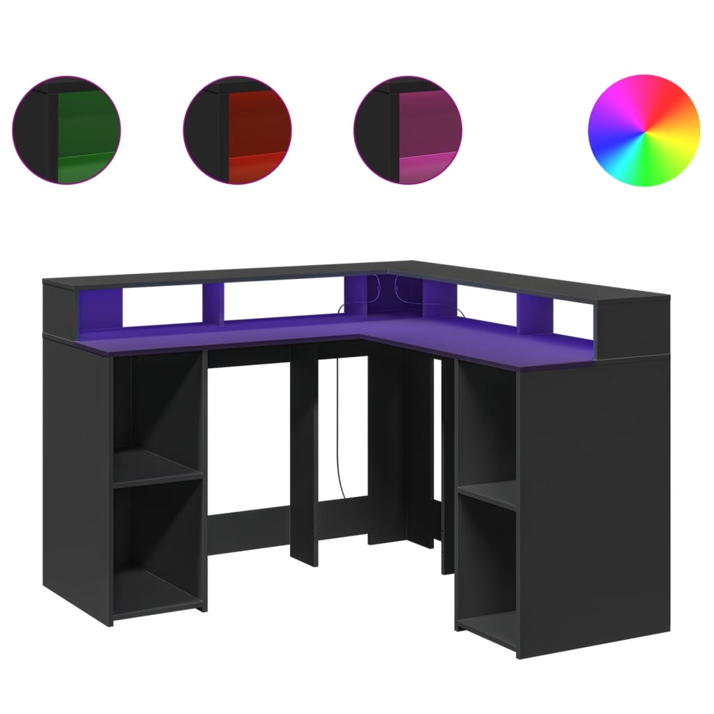 Black Engineered Wood Desk with LED Lights 130x130x91 cm