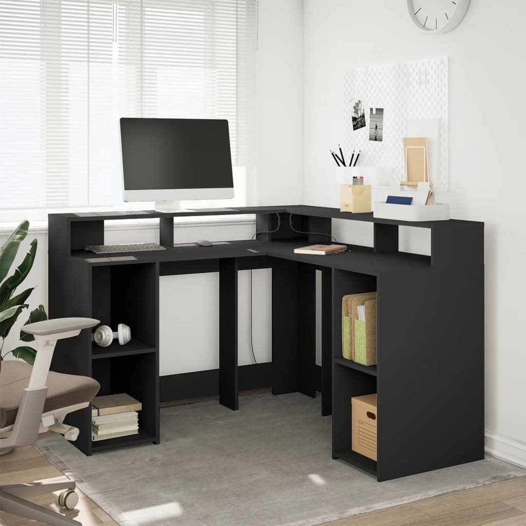Black Engineered Wood Desk with LED Lights 130x130x91 cm