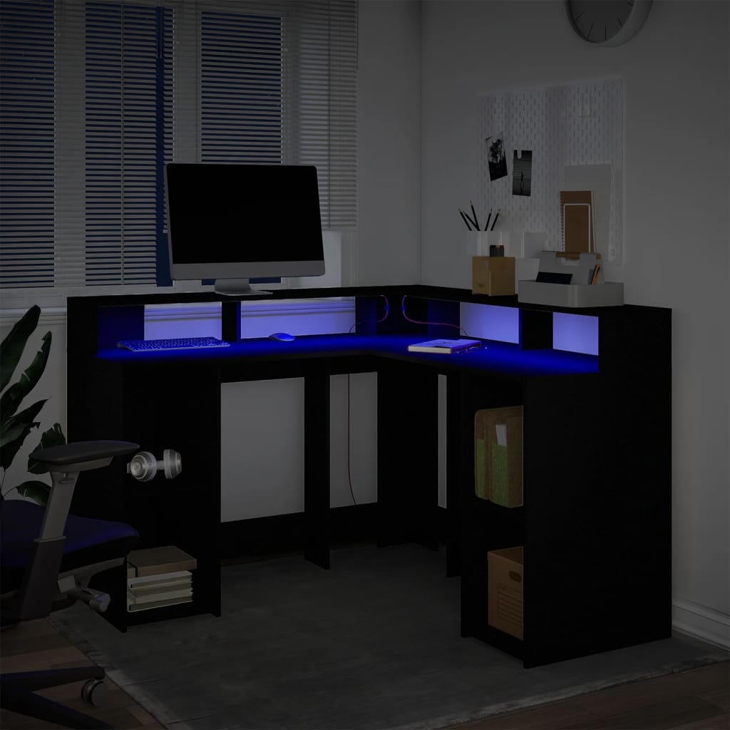 Black Engineered Wood Desk with LED Lights 130x130x91 cm
