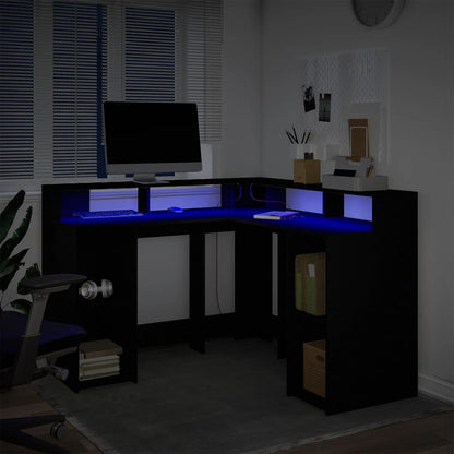 Black Engineered Wood Desk with LED Lights 130x130x91 cm