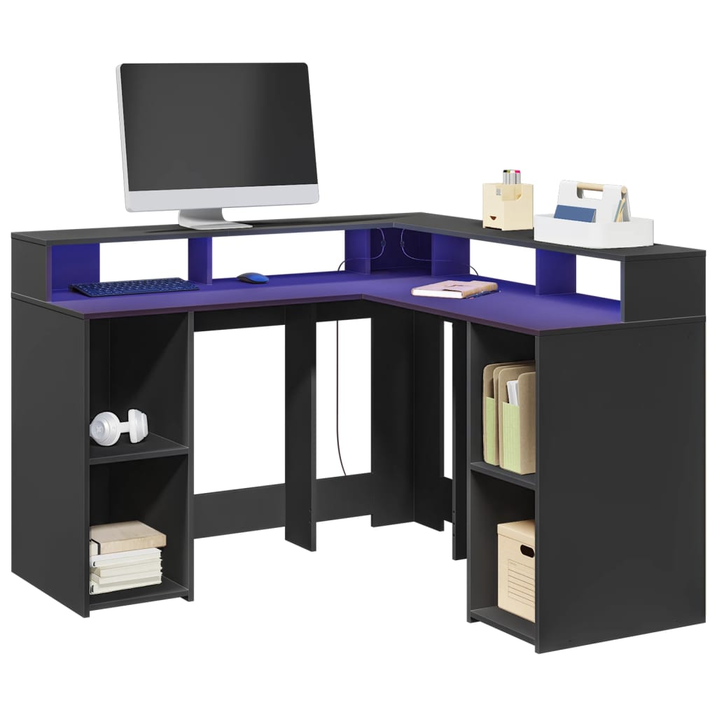Black Engineered Wood Desk with LED Lights 130x130x91 cm