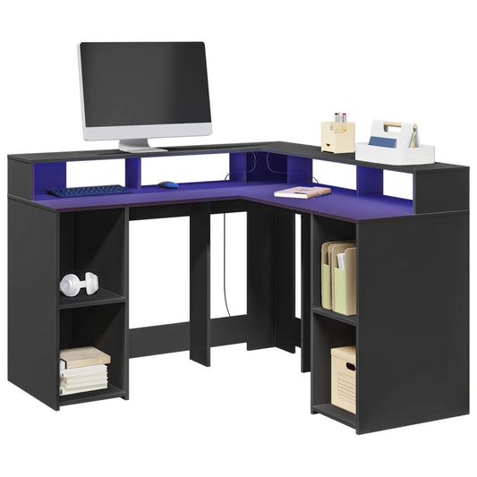 Black Engineered Wood Desk with LED Lights 130x130x91 cm