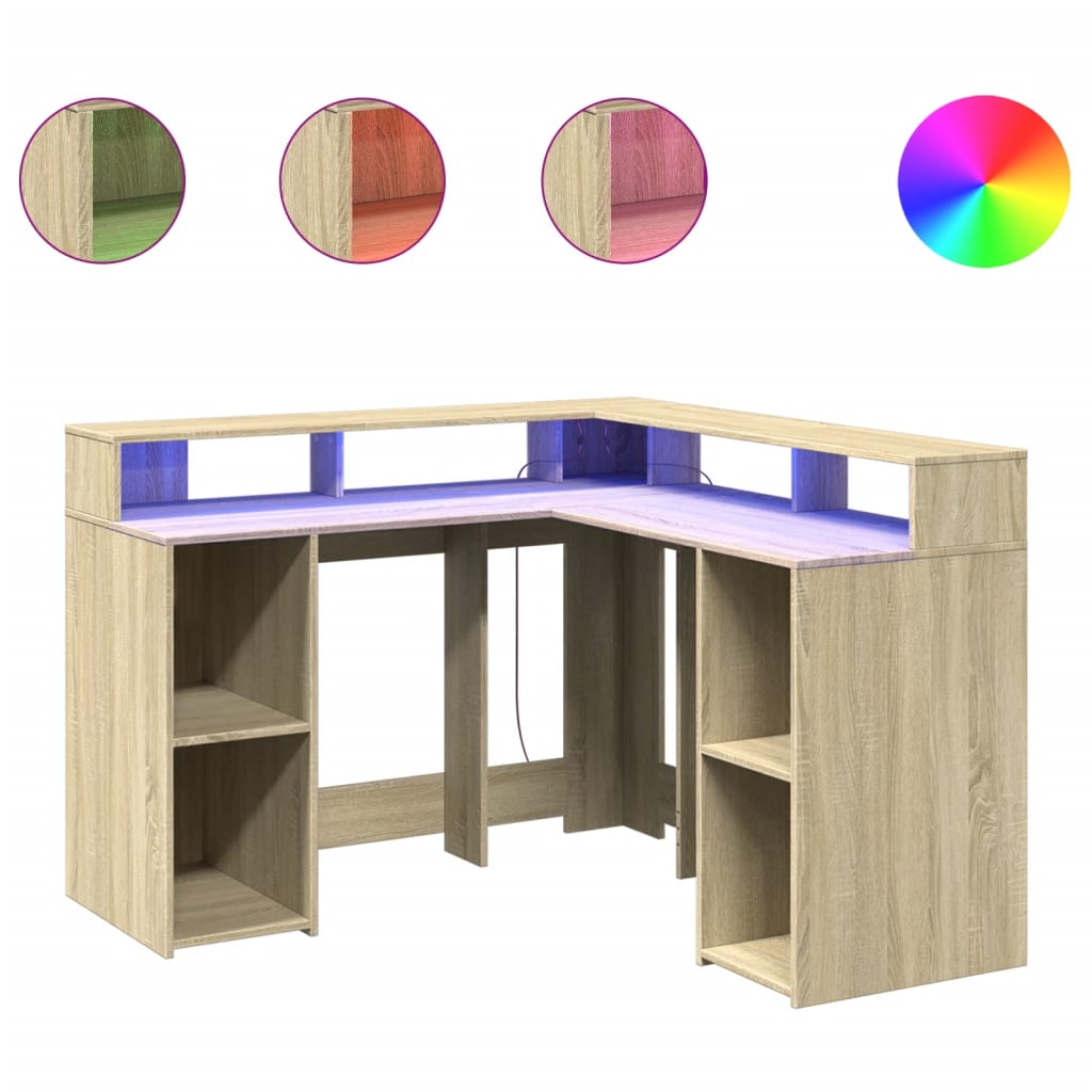 Sonoma Oak Desk with LED Lights - 130x130x91 cm Engineered Wood
