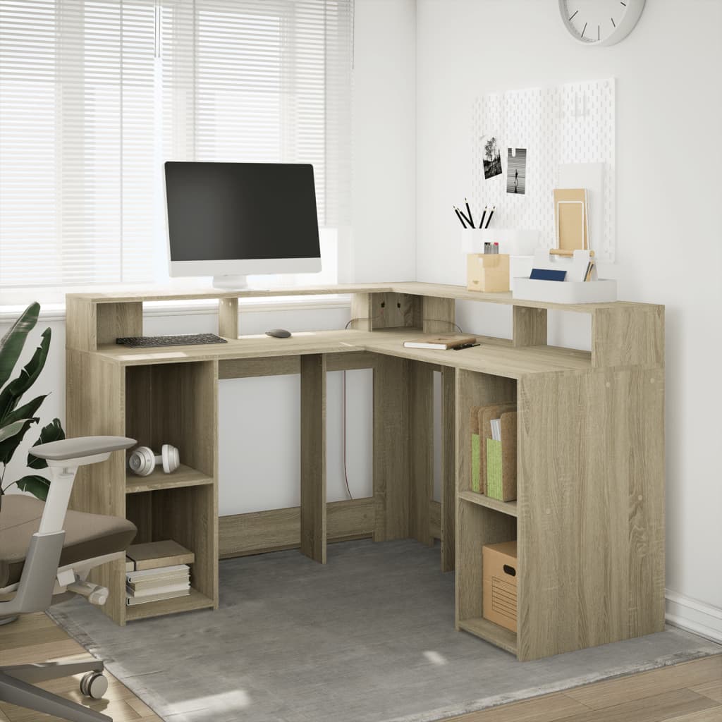 Sonoma Oak Desk with LED Lights - 130x130x91 cm Engineered Wood