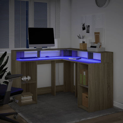 Sonoma Oak Desk with LED Lights - 130x130x91 cm Engineered Wood
