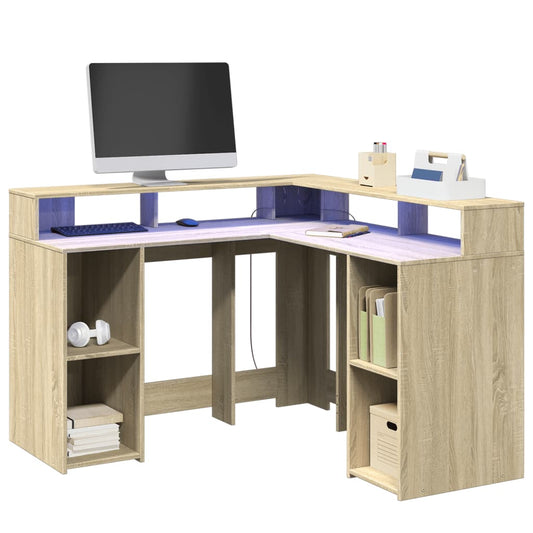 Sonoma Oak Desk with LED Lights - 130x130x91 cm Engineered Wood
