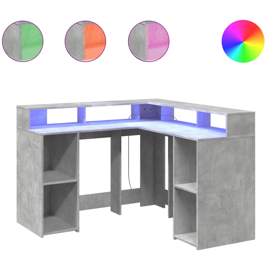 Concrete Grey Desk w/ LED Lights, Engineered Wood, 130x130x91 cm